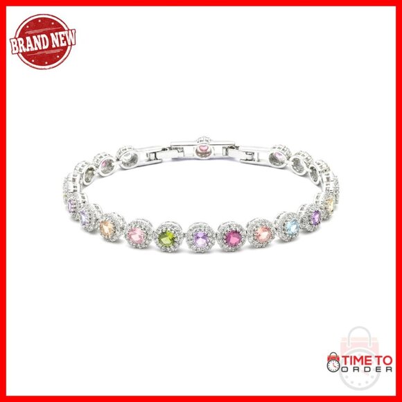 Jewelry - 14K Gold Plated Tennis Bracelet with Gemstones, Adjustable 6.3" Length